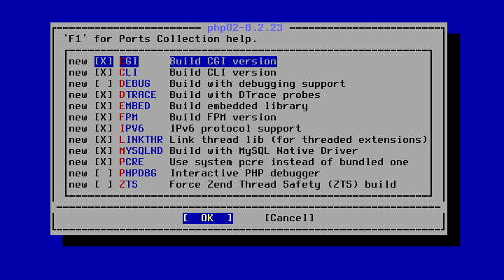クリックでオリジナルのサイズで開きます 「FreeBSD 13.4 RELEASE」-「/usr/ports/lang/php82」「make config」