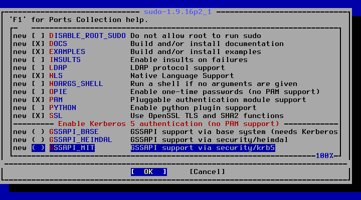 「FreeBSD 13.5 RELEASE」-「/usr/ports/security/sudo」「make config ②」