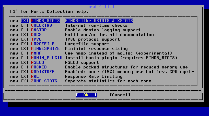 クリックでオリジナルのサイズで開きます 「FreeBSD 13.5 RELEASE」-「/usr/ports/dns/nsd」「make confi」
