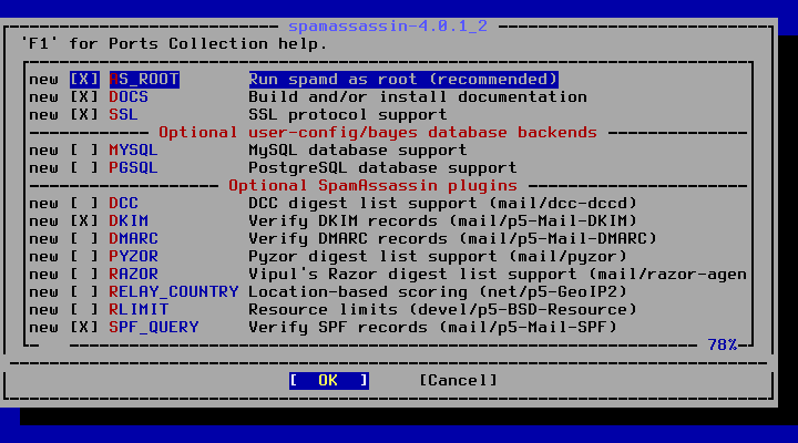 クリックでオリジナルのサイズで開きます 「FreeBSD 13.5 RELEASE」-「/usr/ports/mail/spamassassin」「make config ①」」