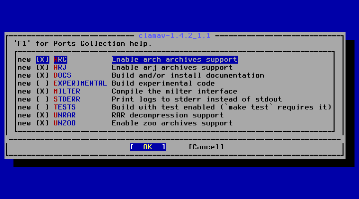 クリックでオリジナルのサイズで開きます 「FreeBSD 13.5 RELEASE」-「/usr/ports/security/clamav」「make config」