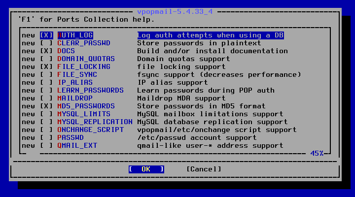 クリックでオリジナルのサイズで開きます 「FreeBSD 13.5 RELEASE」-「/usr/ports/mail/vpopmail」「make config ①」」