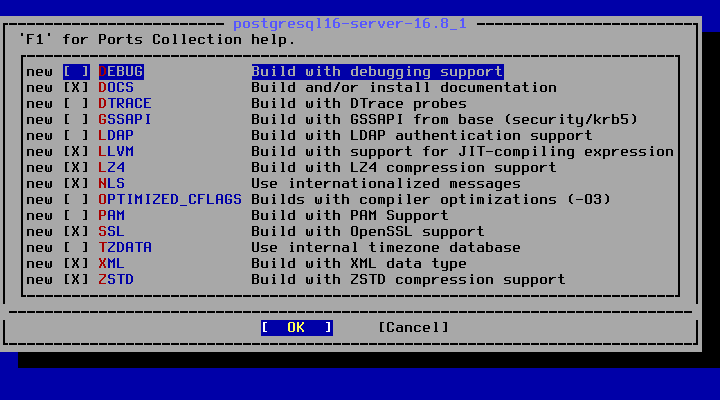 クリックでオリジナルのサイズで開きます 「FreeBSD 13.5 RELEASE」-「/usr/ports/databases/postgresql16-server」「オプション」