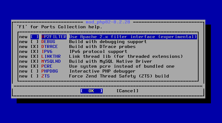 クリックでオリジナルのサイズで開きます 「FreeBSD 13.5 RELEASE」-「/usr/ports/www/mod_php80」「make config」
