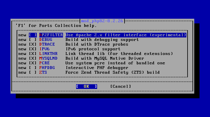クリックでオリジナルのサイズで開きます 「FreeBSD 14.2 RELEASE」-「/usr/ports/www/mod_php82」「make config」