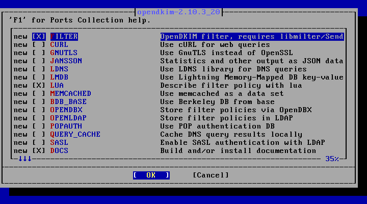 「FreeBSD 14.3 RELEASE」-「/usr/ports/mail/opendkim」「make config①」