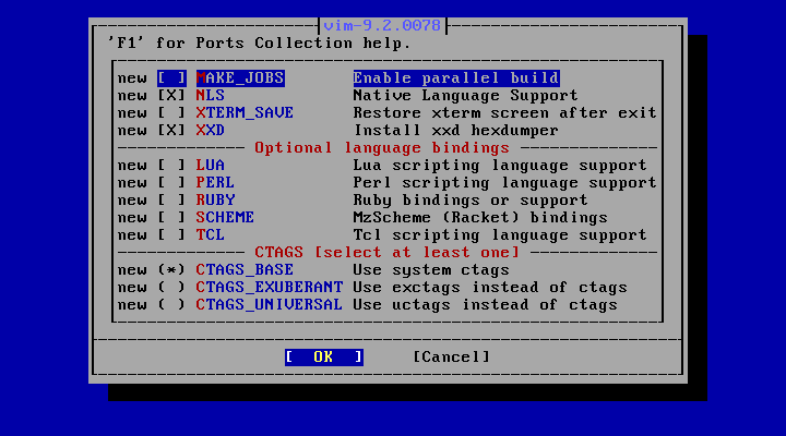 「FreeBSD 14.4 RELEASE」-「/usr/ports/editors/vim」「make config」