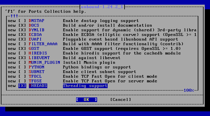 「FreeBSD 14.4 RELEASE」-「/usr/ports/dns/unbound」「make config ②」