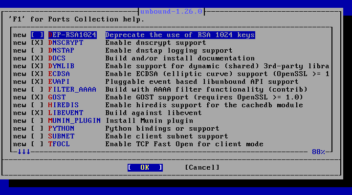 「FreeBSD 14.5 RELEASE」-「/usr/ports/dns/unbound」「make config ①」