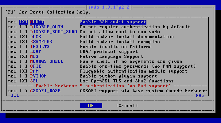 「FreeBSD 15.0 RELEASE」-「/usr/ports/security/sudo」「make config ①」