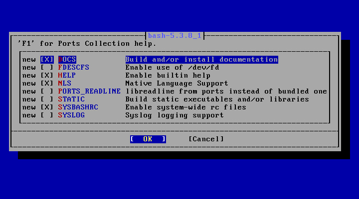 「FreeBSD 15.0 RELEASE」-「/usr/ports/shells/bash」「make config」