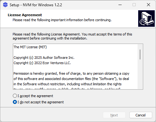 「Node Version Manager」-「Setup」「License agrement」