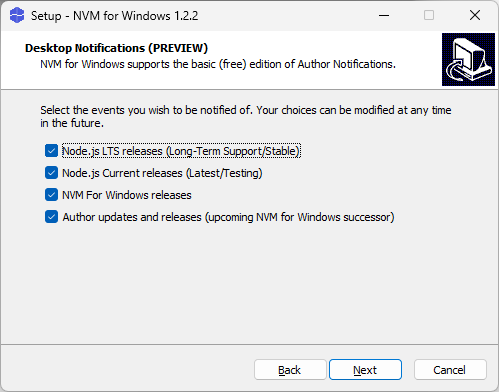 「Node Version Manager」-「Setup」「Desctop Notification」