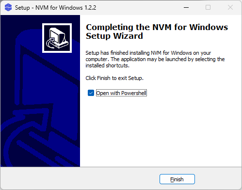「Node Version Manager」-「Setup」「Completing the NVM for Windows Setup Wizard」