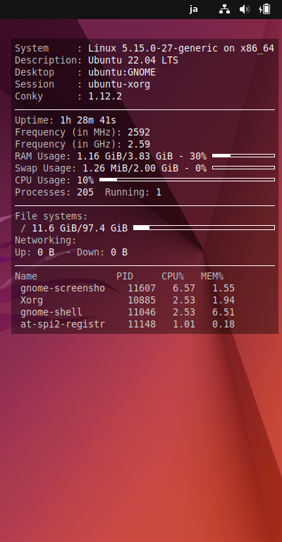 「Ubuntu 22.04」-「Conky」「表示」