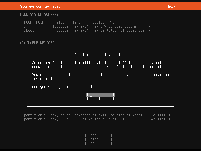 「Ubuntu 22.04 Server」-「インストール」「Confirm destructive action」