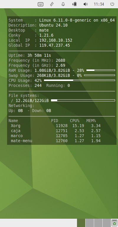 クリックでオリジナルのサイズで開きます 「Ubuntu MATE 24.10」-「Conky」「表示」