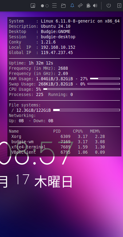 クリックでオリジナルのサイズで開きます 「Ubuntu BUDGIE 24.10」-「Conky」「表示」