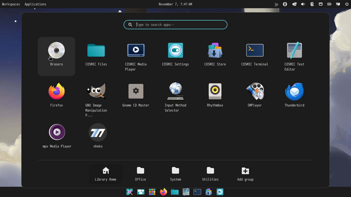 「Fedora 43 COSMIC」-「Applications」→「Library Home」→「Brasero」