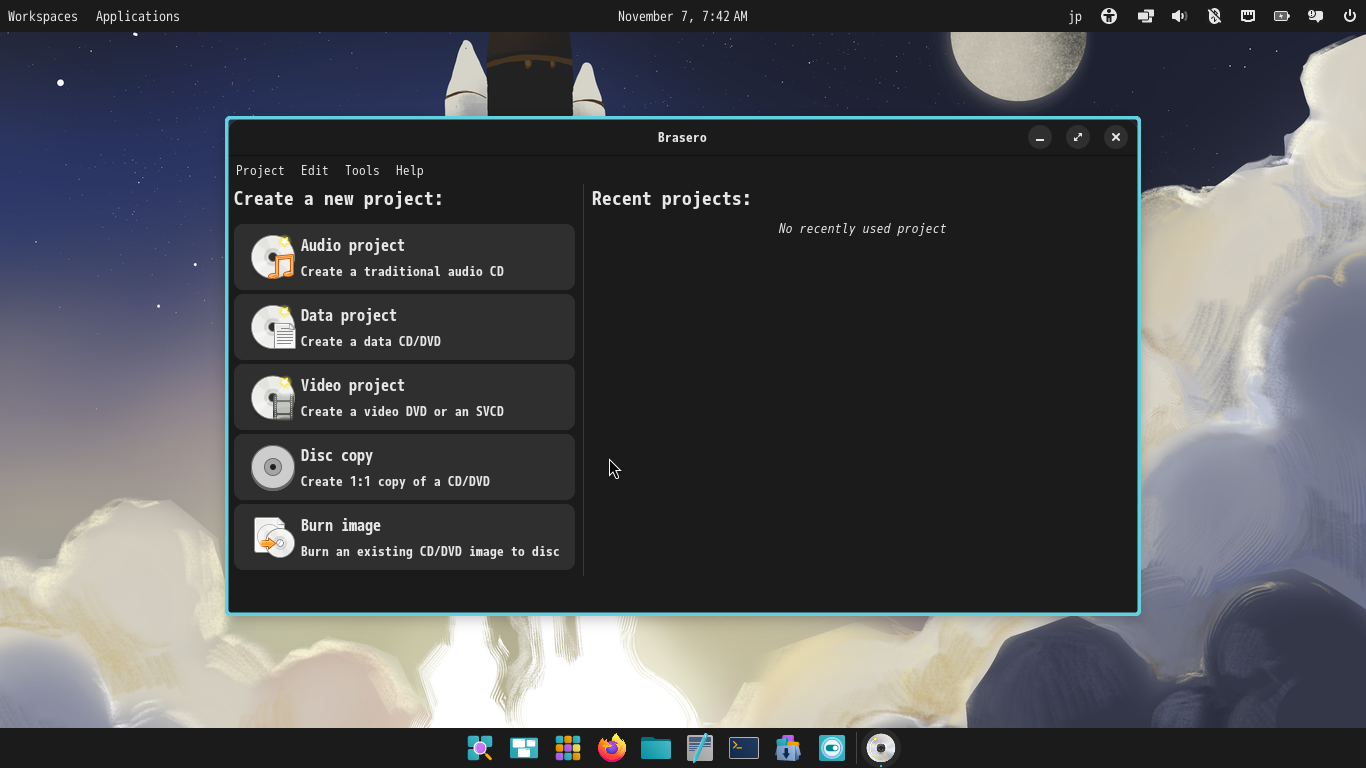 「Fedora 43 COSMIC」-「Brasero」「起動直後」