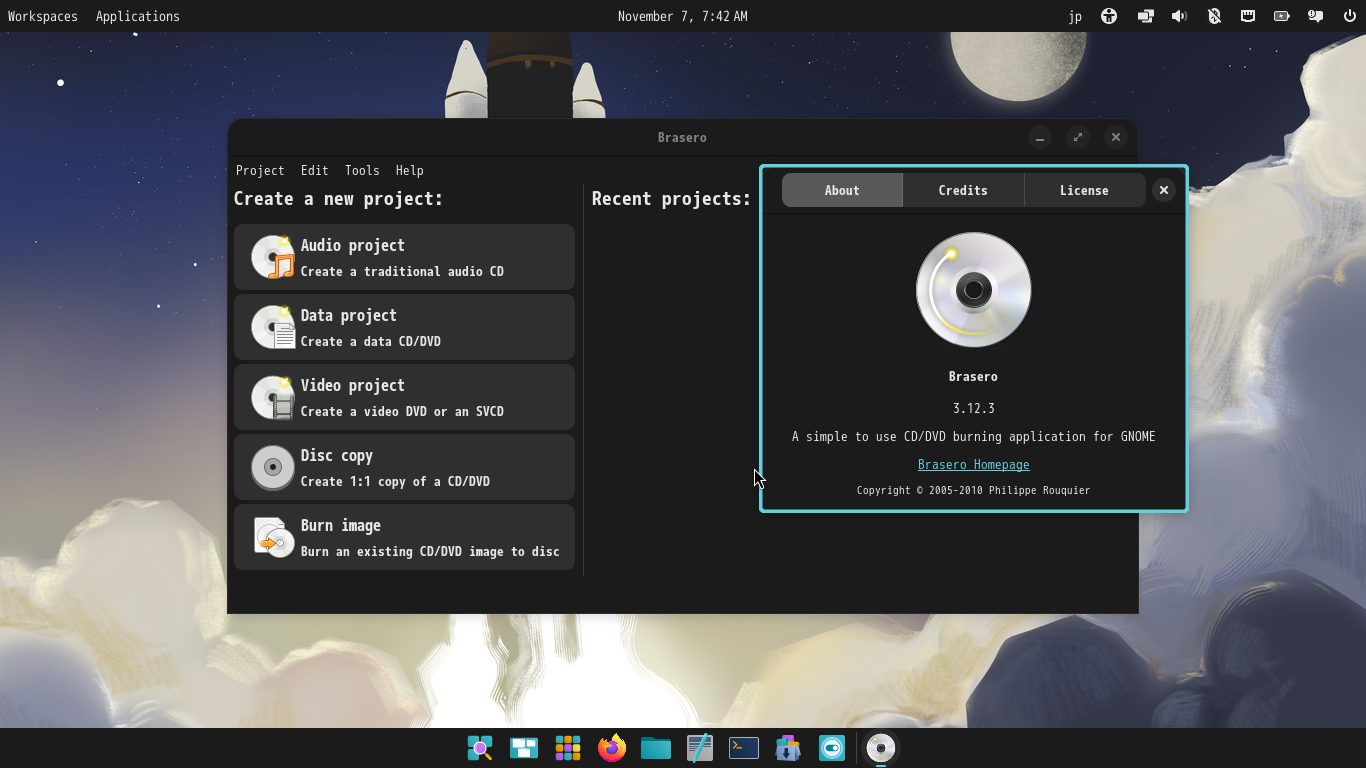 「Fedora 43 COSMIC」-「Brasero」「バージョン情報」