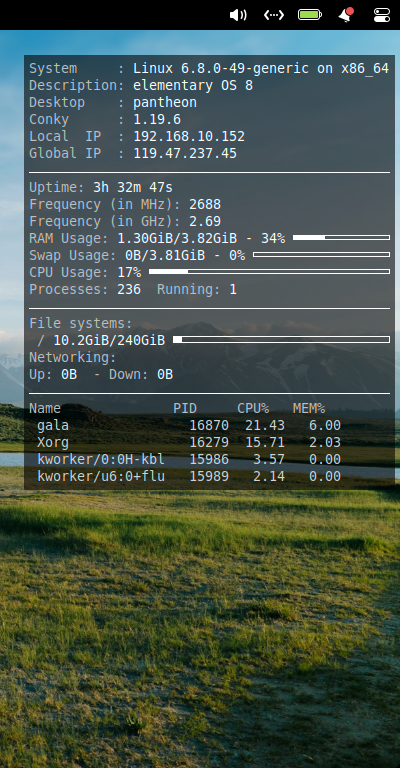 クリックでオリジナルのサイズで開きます 「elementary OS 8.0 Pantheon」-「Conky」「表示」