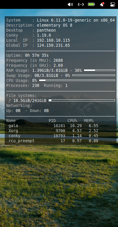 クリックでオリジナルのサイズで開きます 「elementary OS 8.0.1 Pantheon」-「Conky」「表示」