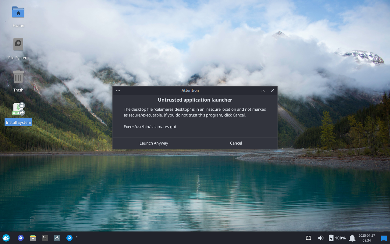 「Solus 4.7 XFCE」-「Untrusted application launcher」