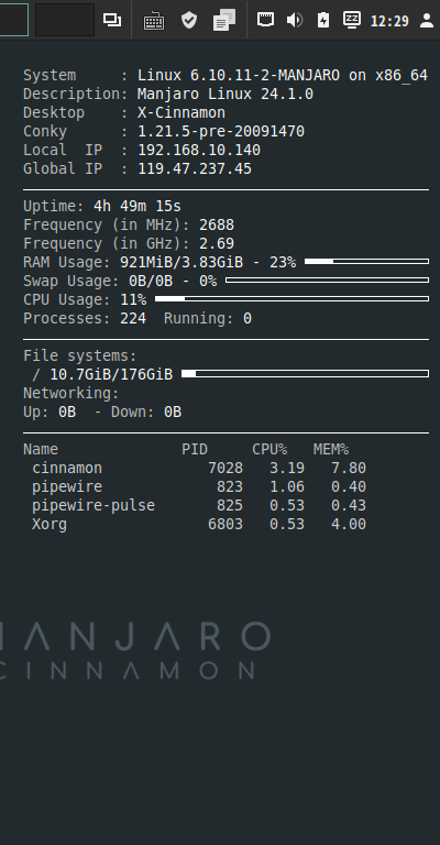 クリックでオリジナルのサイズで開きます 「Manjaro 24.1 Cinnamon」-「Conky」「表示」