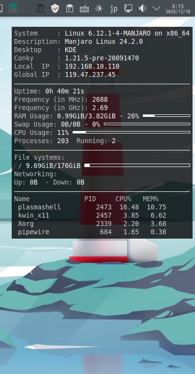 クリックでオリジナルのサイズで開きます 「Manjaro 24.2 KDE」-「Conky」「表示」