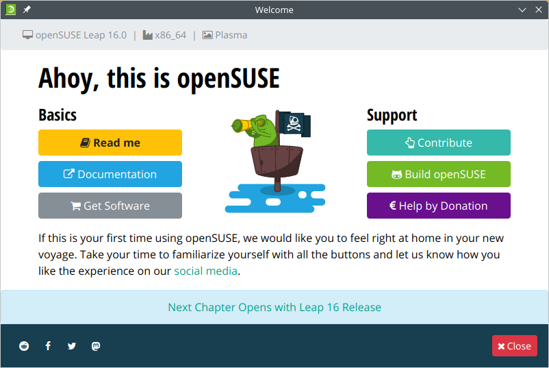 「openSUSE 16.0 KDE」-「ようこそ」