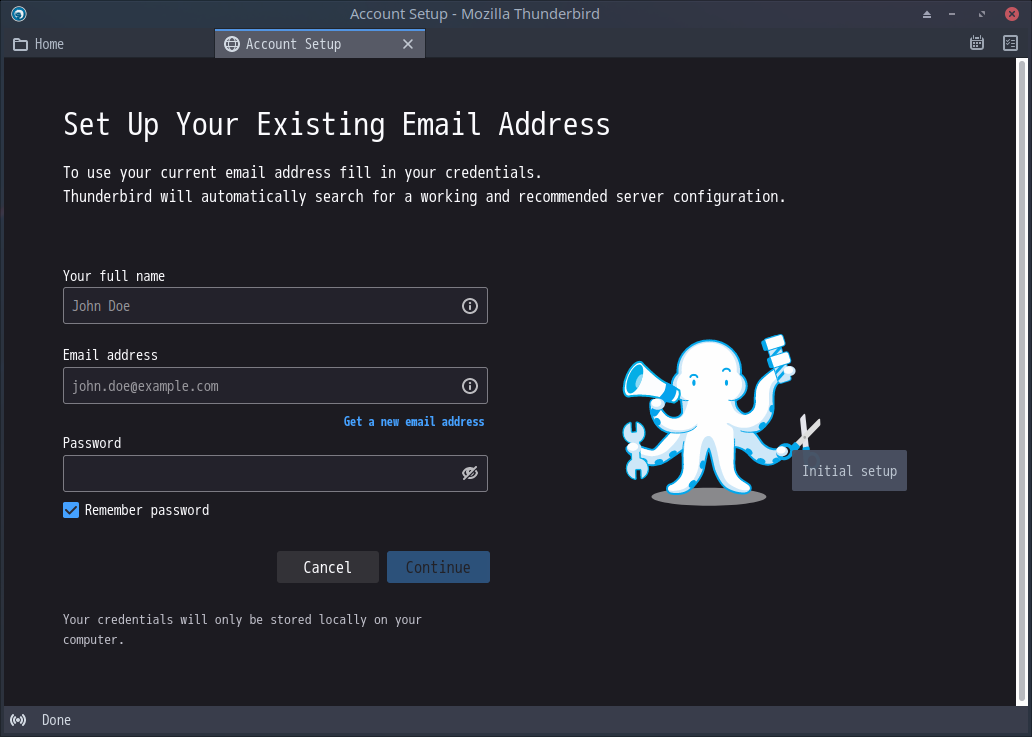 「ArcoLinux 22.03.07 XFCE」-「Thunderbird」「アカウント設定」