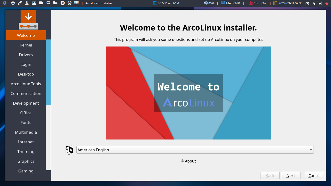 「ArcoLinux 22.03.07 bspwm」-「インストール」