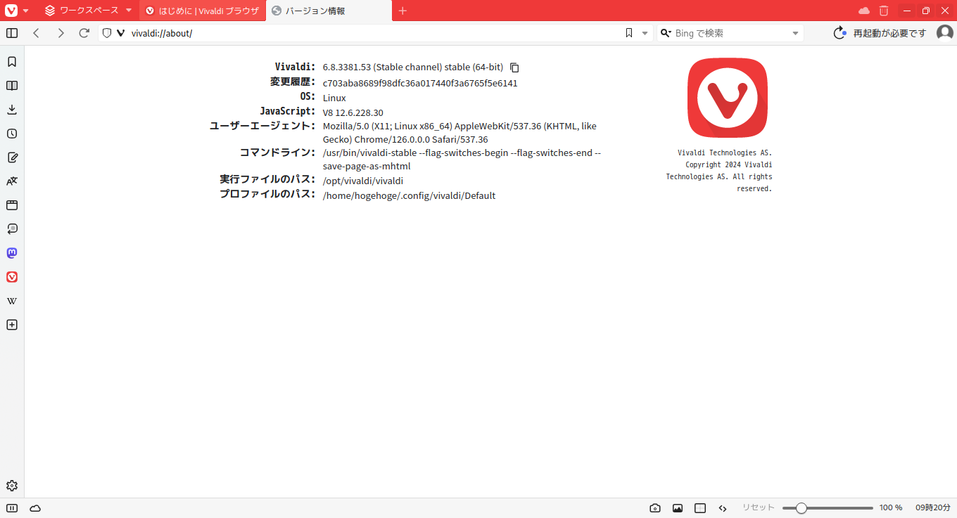 「ArcoLinux 24.07.01 XFCE」-「Vivaldi」「バージョン情報」