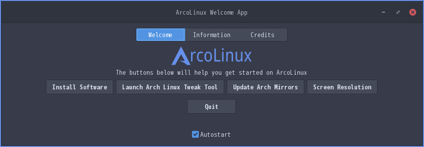 「ArcoLinux 24.07.01 i3wm」-「Welcome App」