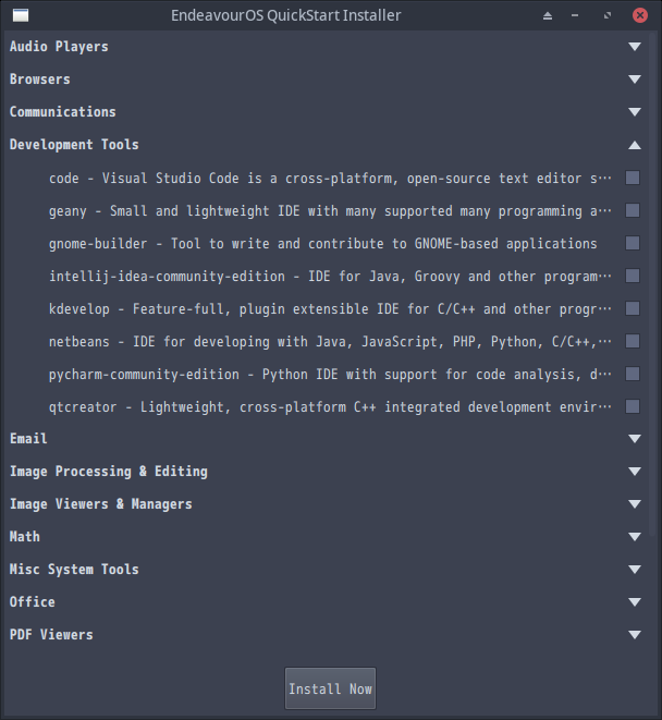 クリックでオリジナルのサイズで開きます 「EndeavourOS 2025.02.08 XFCE」-「Quick start Installer」「Development Tools」