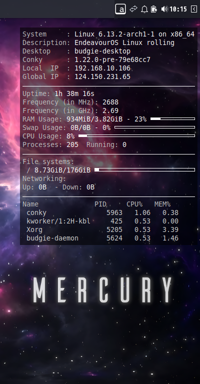 クリックでオリジナルのサイズで開きます 「EndeavourOS 2025.02.08」-「Conky」「表示」