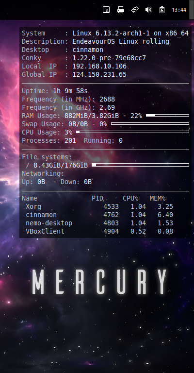 クリックでオリジナルのサイズで開きます 「EndeavourOS 2025.02.08」-「Conky」「表示」