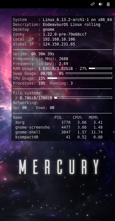 クリックでオリジナルのサイズで開きます 「EndeavourOS 2025.02.08」-「Conky」「表示」