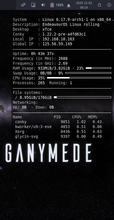 「EndeavourOS 2025.11.24」-「Conky」「表示」