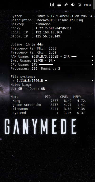 「EndeavourOS 2025.11.24」-「Conky」「表示」