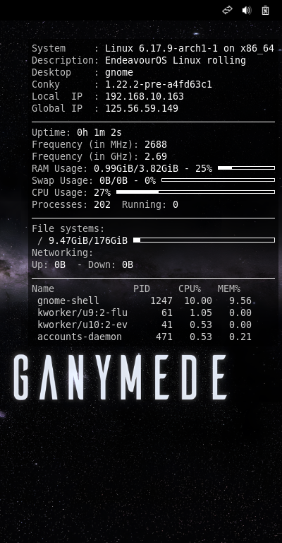 「EndeavourOS 2025.11.24」-「Conky」「表示」
