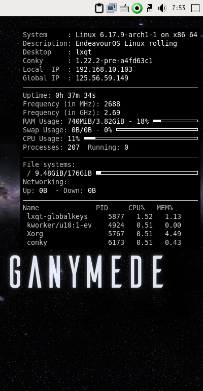 「EndeavourOS 2025.11.24」-「Conky」「表示」