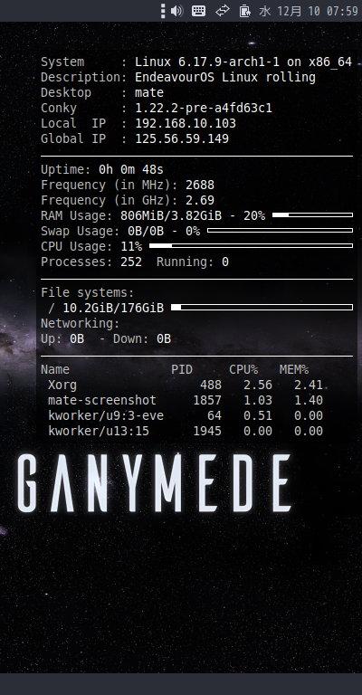 「EndeavourOS 2025.11.24」-「Conky」「表示」