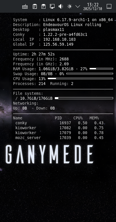 「EndeavourOS 2025.11.24」-「Conky」「表示」