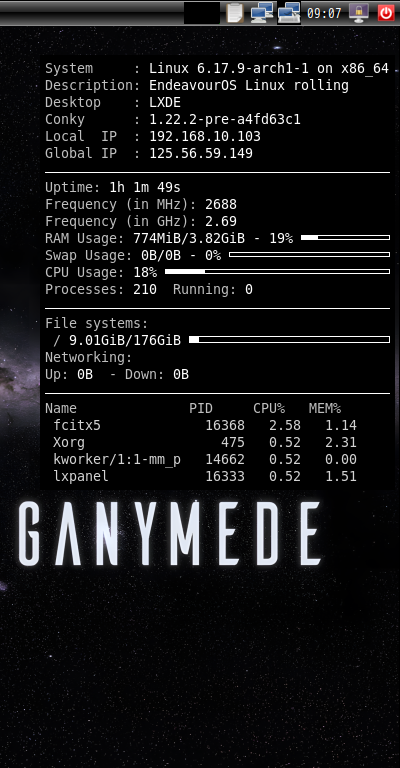 「EndeavourOS 2025.11.24」-「Conky」「表示」
