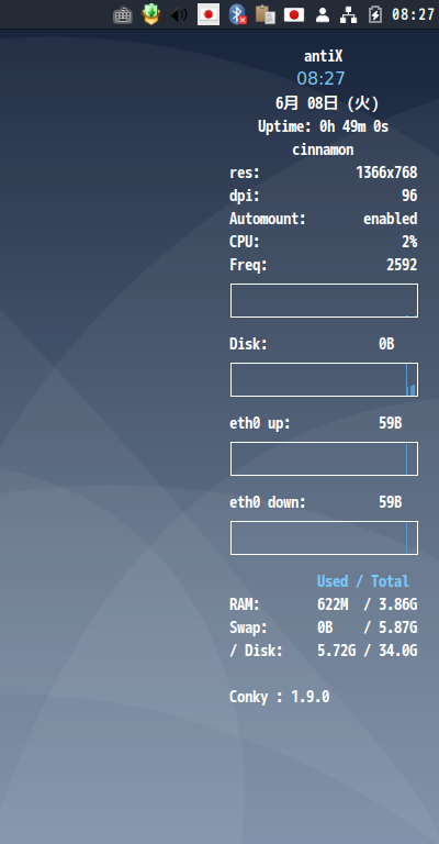 「antiX 19.4 Cinnamon」-「Conky」「日付表示形式変更」