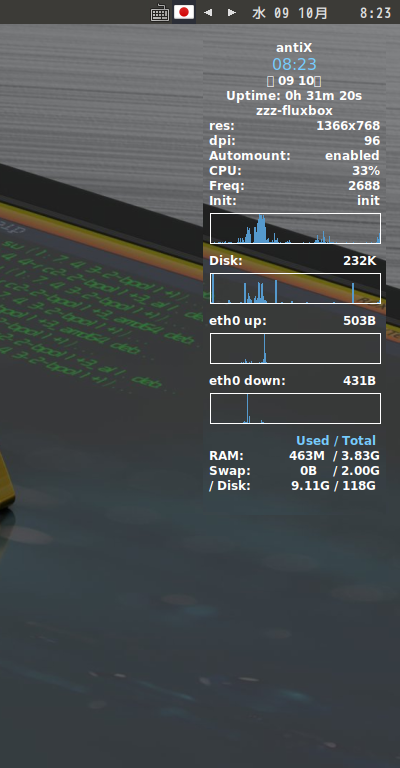 「antiX 23.2 Fluxbox」-「Conky」「デフォルトの表示」