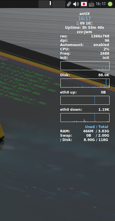 「antiX 23.2 JWM」-「Conky」「デフォルトの表」