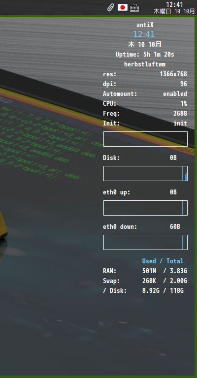 クリックでオリジナルのサイズで開きます 「antiX 23.2 JWM」-「Conky」「フォント変更後」